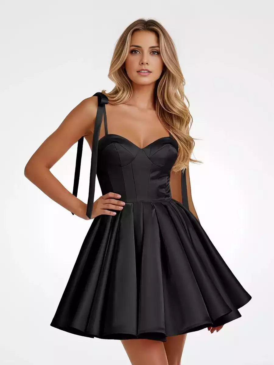 Elegant satin short off shoulder sleeveless bow tie back Homecoming Dresses